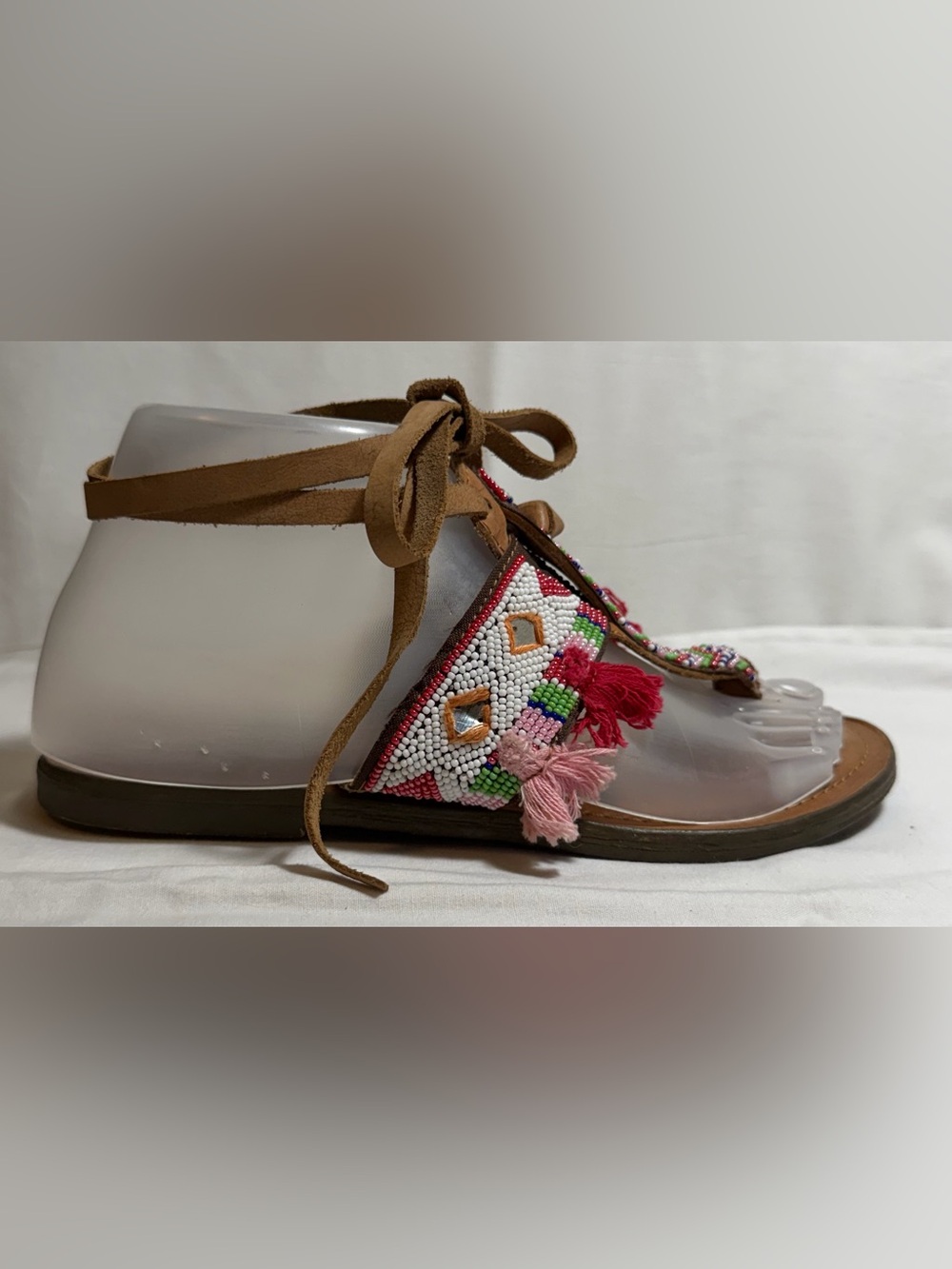 Handmade Embellished Beaded Tassel Boho Sandal Tan Straps, Multicolor Beading